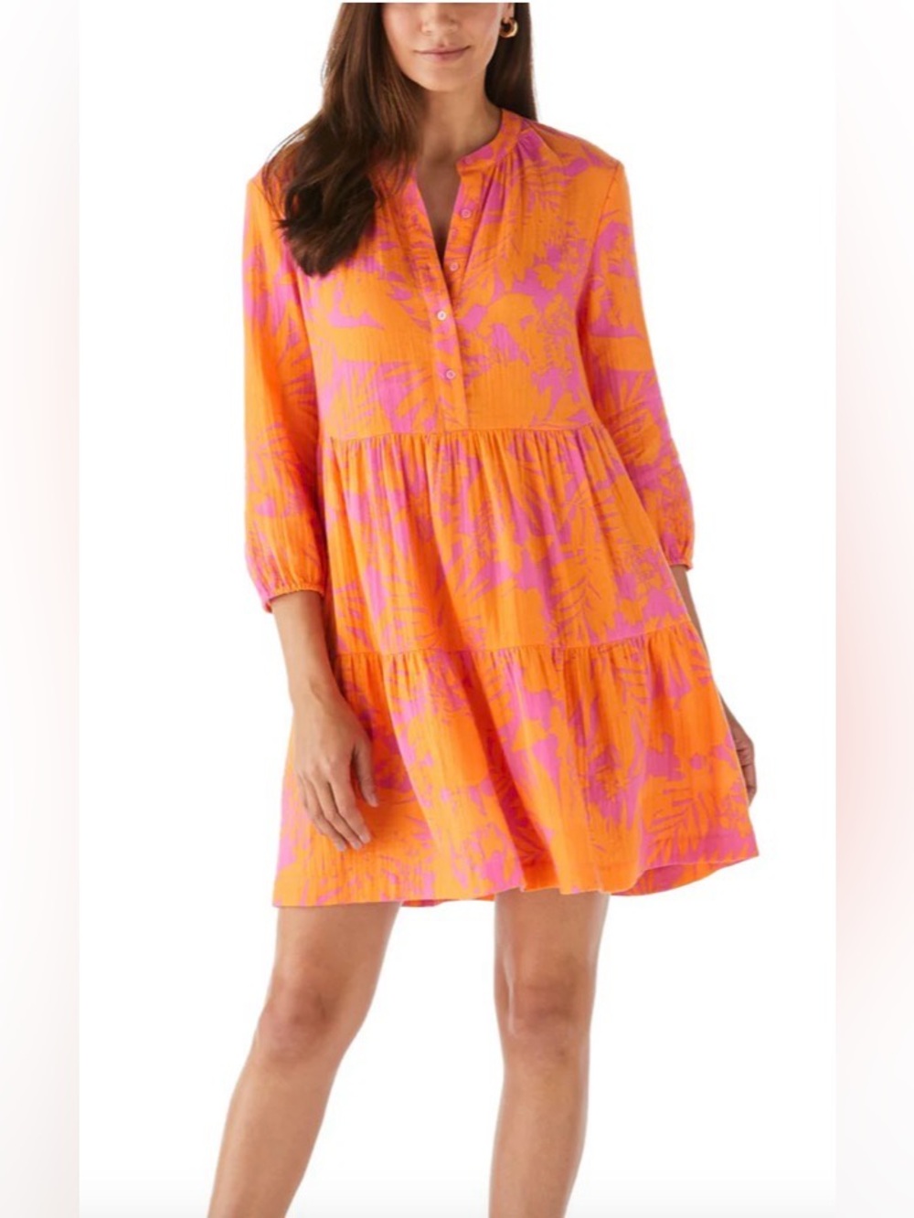 ELLA Vibrant Orange and Pink Tiered Shirt Dress